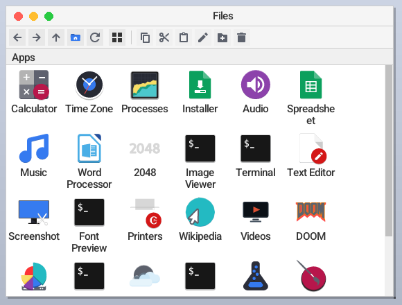 Apps folder in the Files app displaying installed applications on a MontaukOS development build.